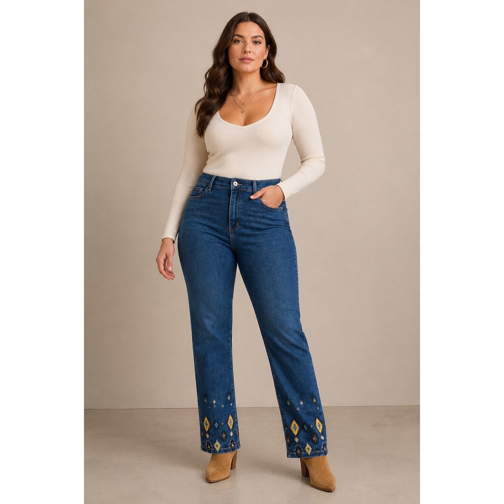 Charlie B Straight Leg Jeans Women 12 Blue Embroidered Beaded Aztec Western Boho